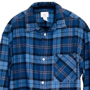 Flannel Shirt H&M Relaxed Fit Blue Plaid Casual Shirt - Men's Medium